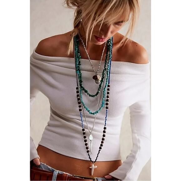 Free People Ariana Ost Easy Does It Pearl Cross Strand Necklace Bohemian Beach - Picture 16 of 16